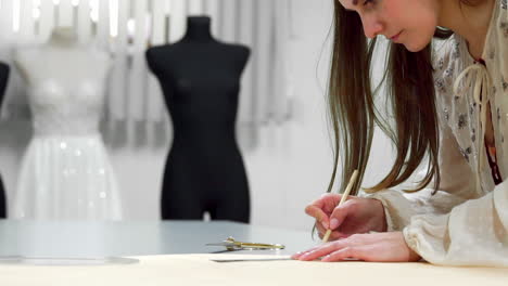 la hermosa diseñadora de moda dibuja en las plantillas de papel para cortar tela en los maniquíes vestidos con vestidos de novia. fabricante de vestidos de novia.