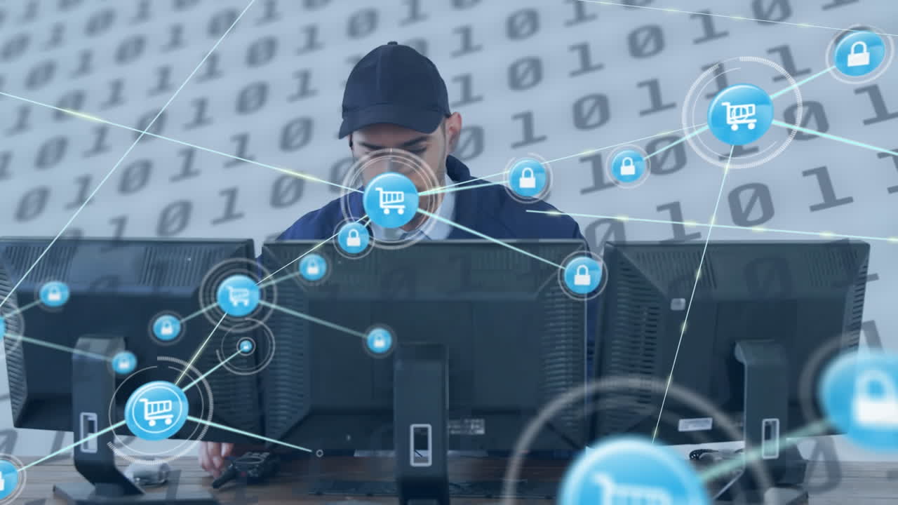 animación de la red de conexiones sobre el hombre usando computadora