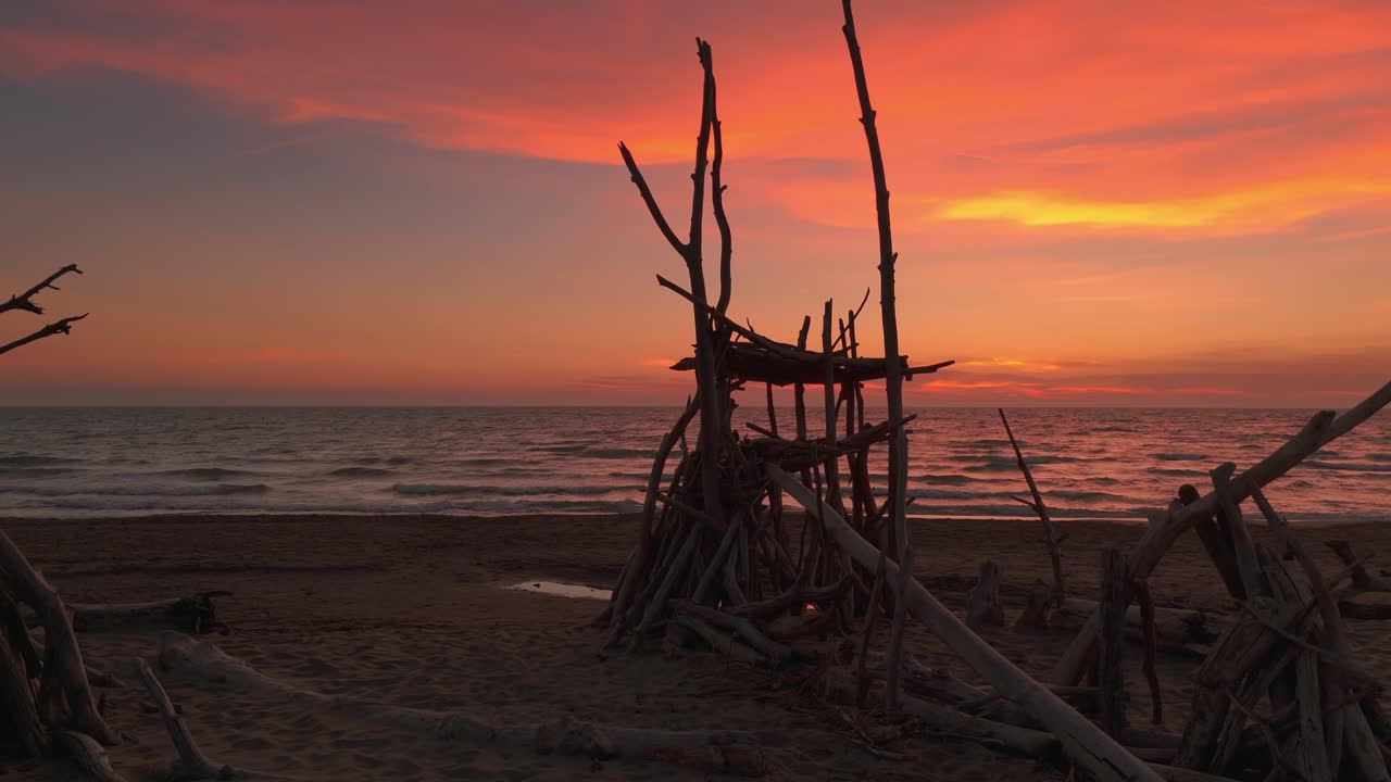 tipis de madera a la deriva en la playa de arena durante la puesta de sol
