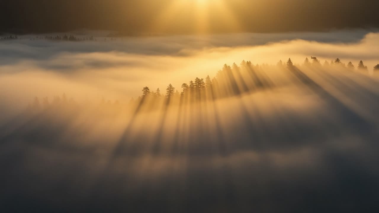 A Breathtaking Sunrise Illuminates a Misty Landscape with Evergreen Trees, Creating a Serene Atmosphere Filled with Shadows and Soft Golden Light