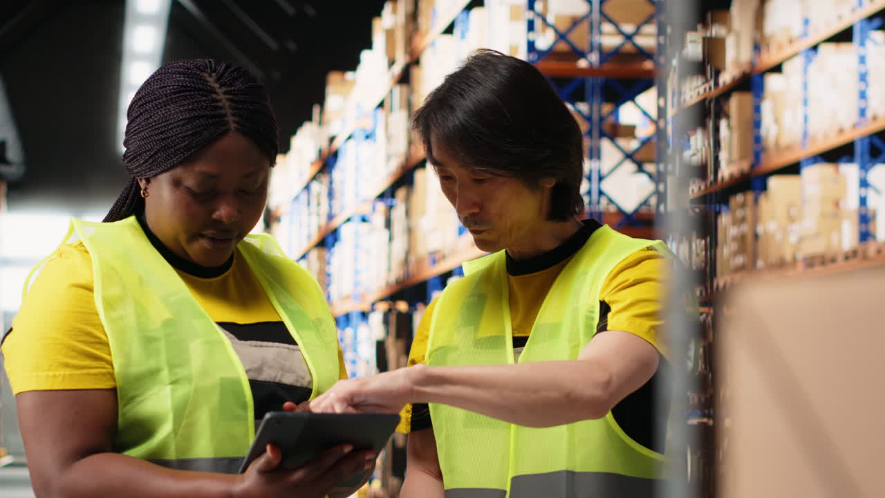 Vertical Video Diverse employees overseeing order details shipments for distribution