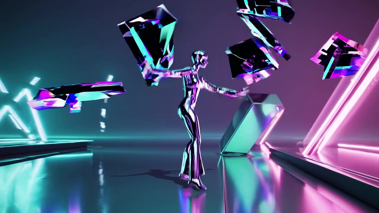 Chrome Humanoid Robot Interacting with Floating Digital Cubes in Neon Space