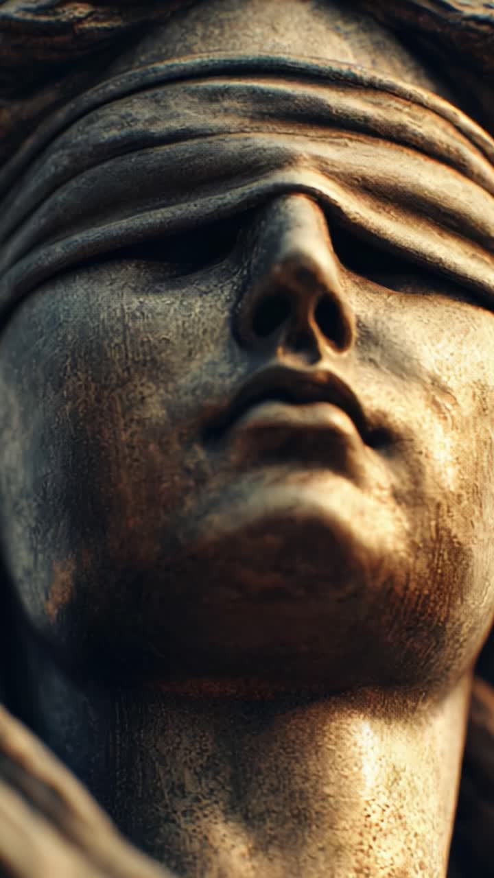 Primo piano di una statua dorata raffigurante la Giustizia, con una figura bendata e un'espressione serena, catturata con dettagli sorprendenti