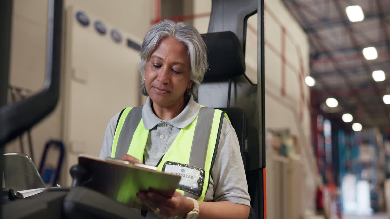 Mature Woman Worker Checking Inventory on Clipboard in Warehouse