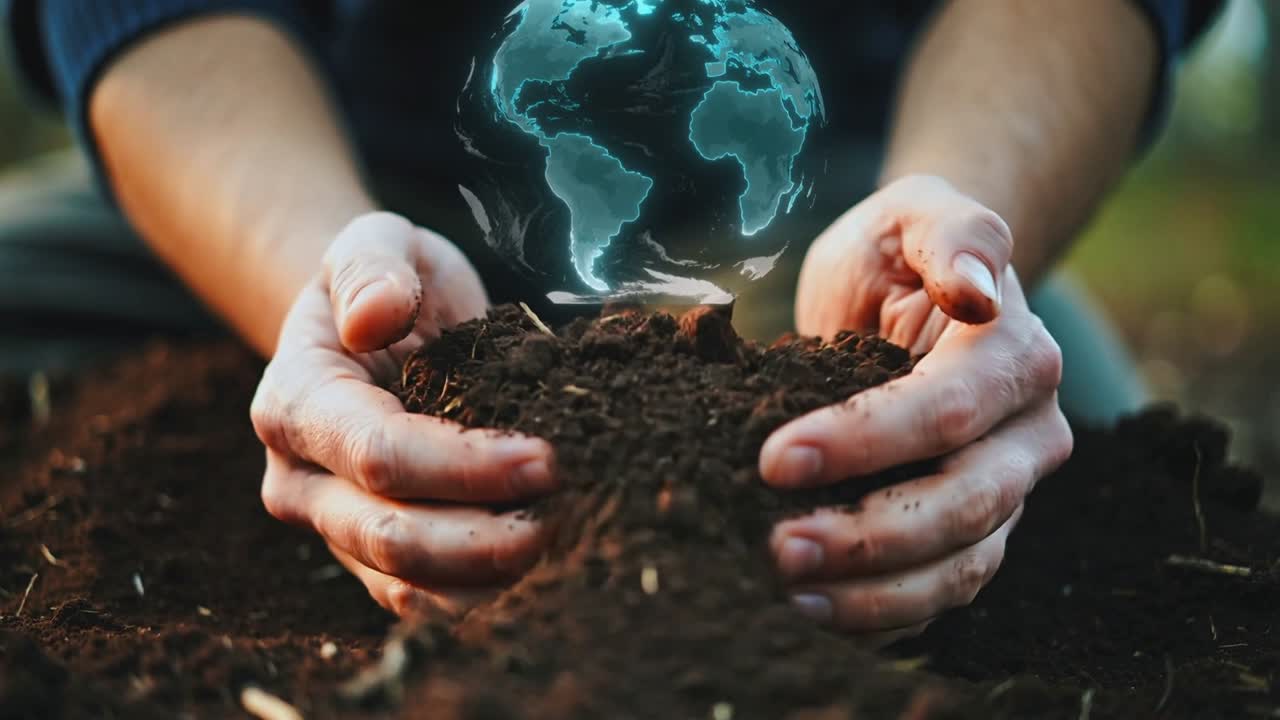 Manos adultas recogiendo tierra después de la aparición de un globo, ahuecando la tierra en el jardín ofreciendo cuidado al planeta.