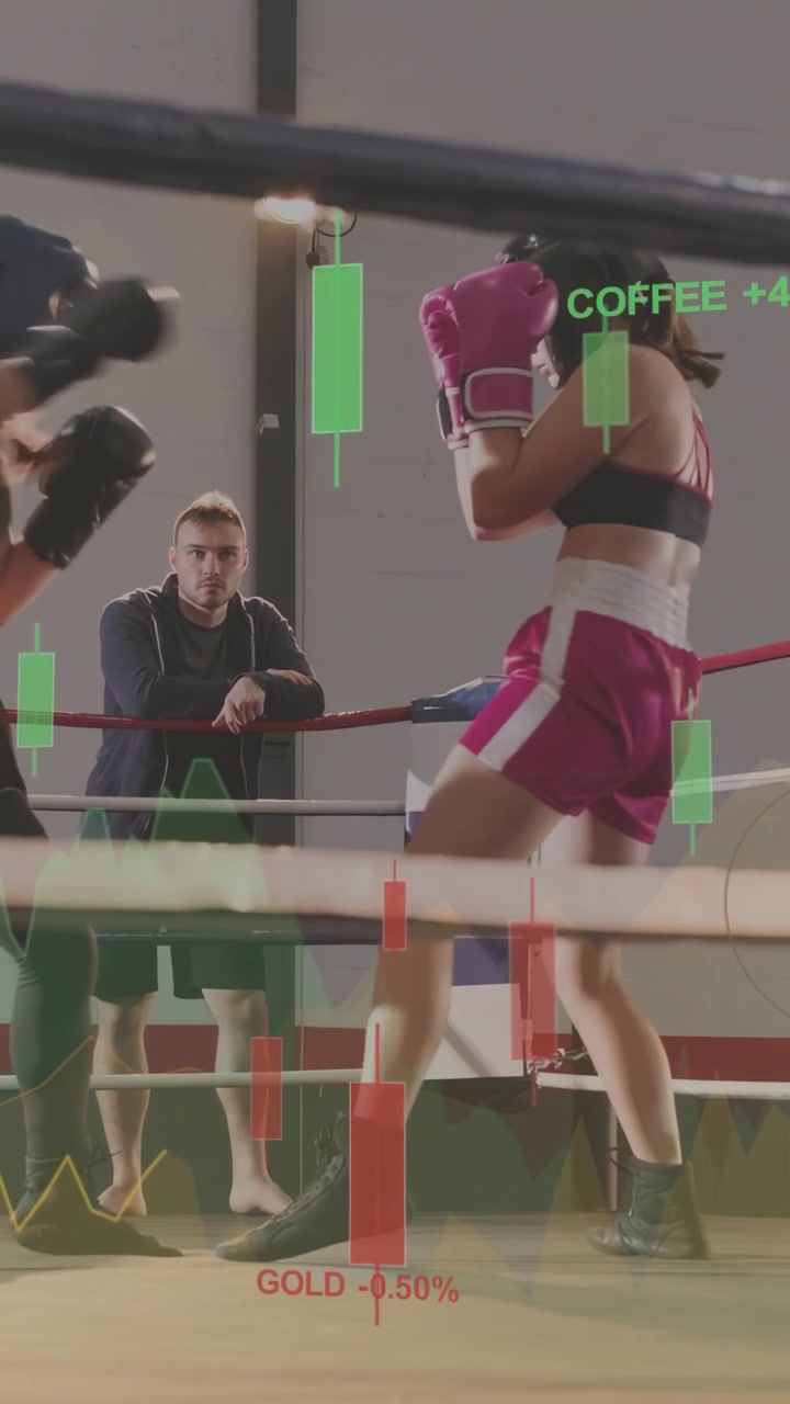 Video verticale: Donne che fanno sparring, con jab che causano un clinch, e un grafico finanziario trasparente che si muove sopra le pugili