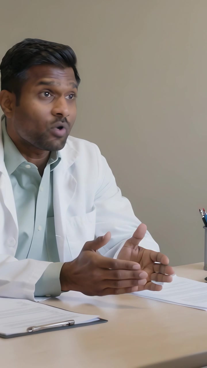 Vertical video: After offscreen question, doctor in lab coat gesturing at clipboard, copy space
