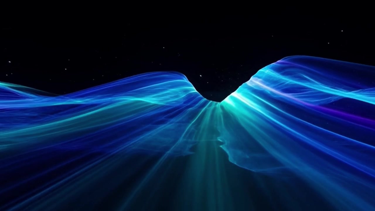Abstract Glowing Blue and Purple Light Waves Flowing Over Dark Surface