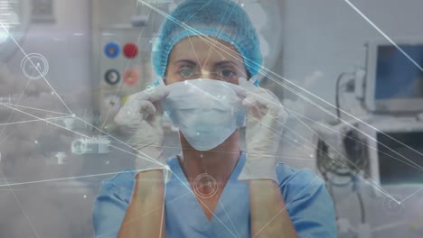 Network-of-connections-against-portrait-of-caucasian-female-surgeon-wearing-surgical-mask