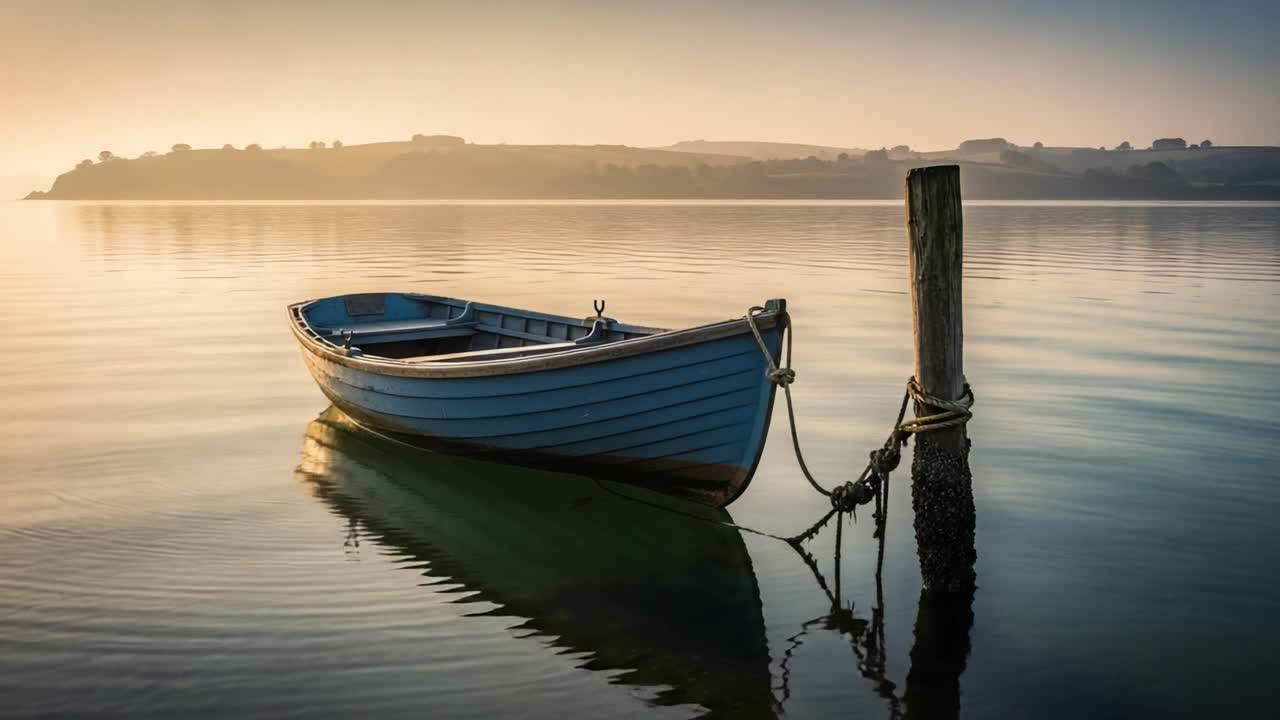 A Serene Morning Scene Featuring a Tranquil Blue Boat Tethered to a Post, Reflecting Soft Morning Light Over Calm Waters in a Picturesque Landscape