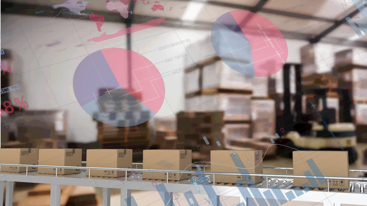 animación del procesamiento de estadísticas sobre cintas transportadoras con cajas