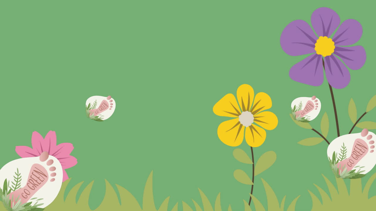 Animation of flowers and go green with foots on green background