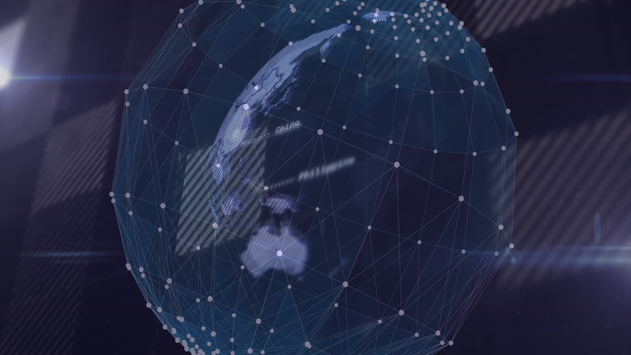 Animation of globe and financial data processing over black background
