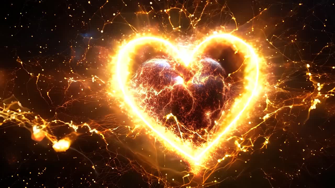 A heart is shown in a black background with a lot of fire and sparks surrounding it. The heart is broken and has a lot of damage