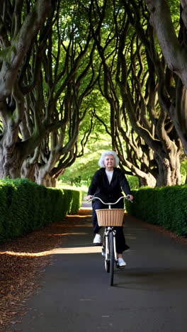 elderly woman cycling through a scenic tree-lined tunnel
