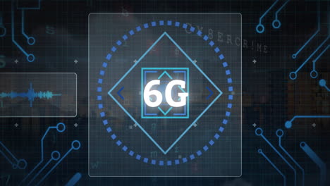 Animation-of-6g-text,-scope-and-data-processing-with-circuit-board-over-black-background