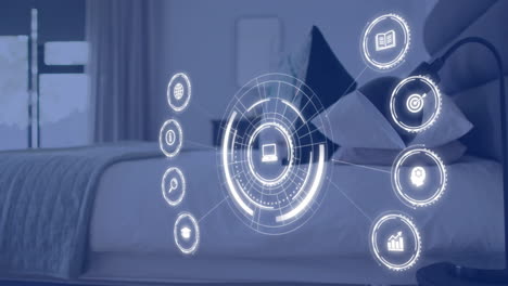 digital interface icons animation over person using laptop on bed