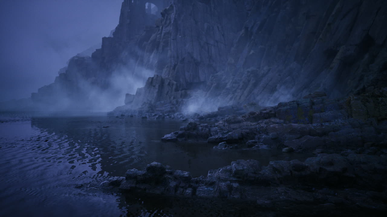 Chilly blue hues highlight tranquil tide pools and rocky landscape