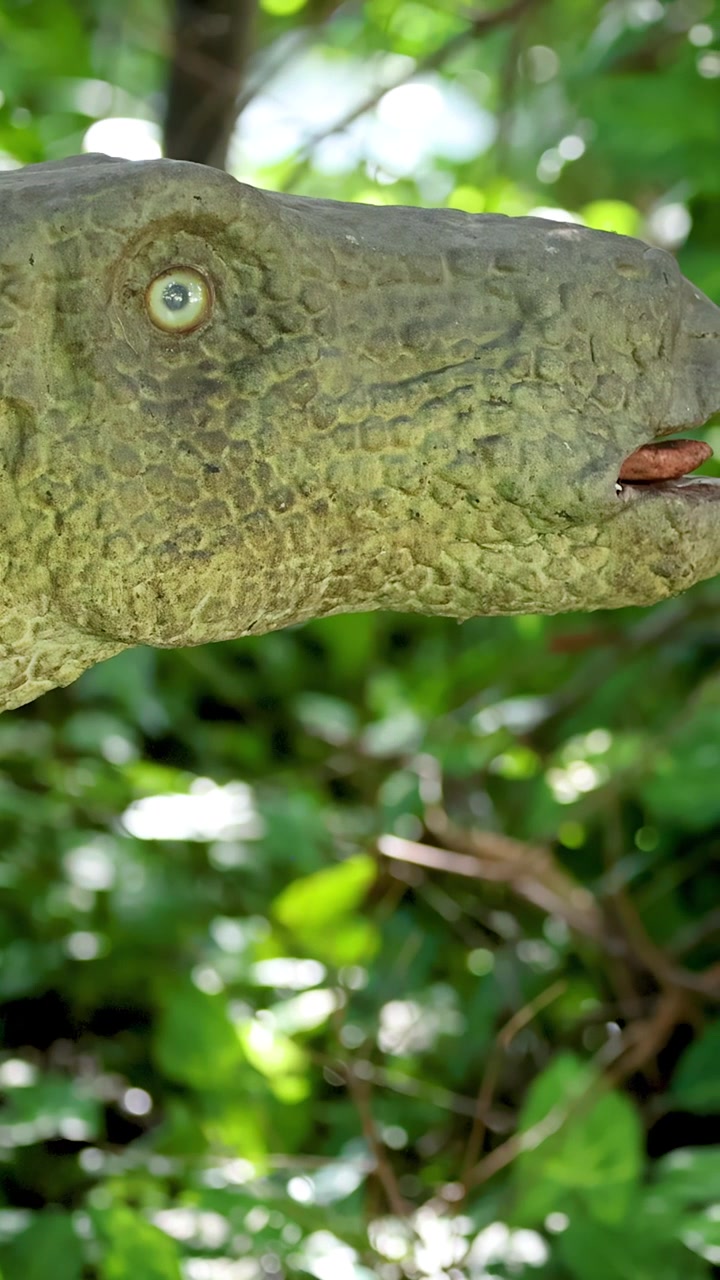 Una testa di dinosauro animatronico realistica si gira e apre la bocca in un parco esterno lussureggiante e soleggiato, con una vegetazione verde vibrante e illuminazione naturale.