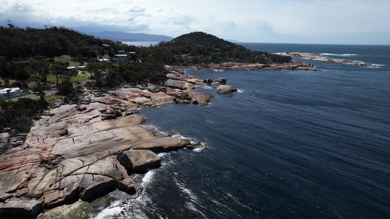 Bicheno Blowhole And Governor Island In Tasmania, Australia - Drone Shot