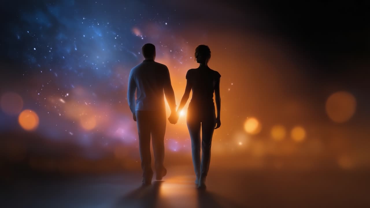Due silhouette che si tengono per mano mentre camminano attraverso un magico paesaggio cosmico pieno di stelle e luci colorate soffuse, che incarnano amore, connessione e unità