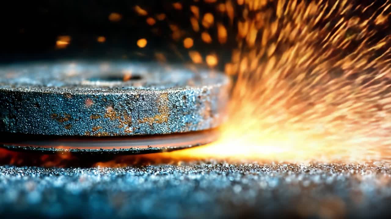 Dynamic Close-Up of a Spinning Disc Creating Sparks and Glittering Particles Amidst a Dark Background, Capturing the Beauty of Motion and Energy