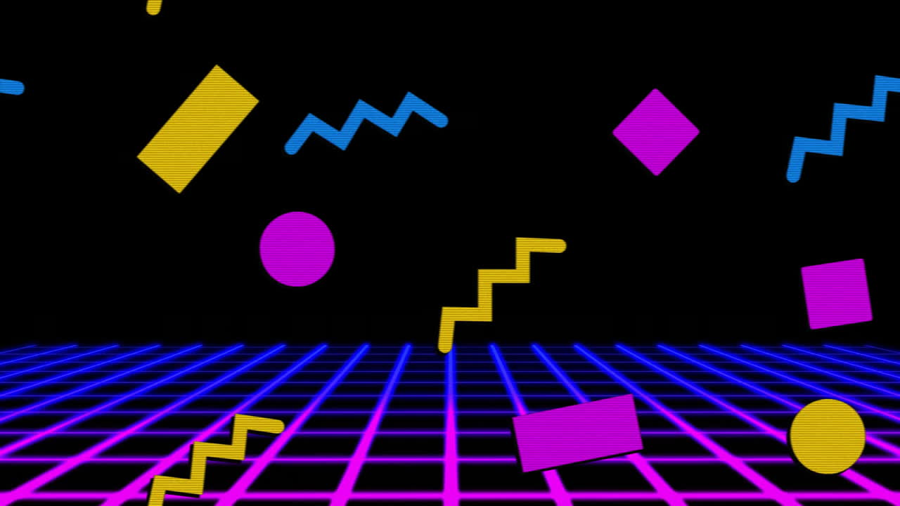 Animation of colourful shapes over lines on black background