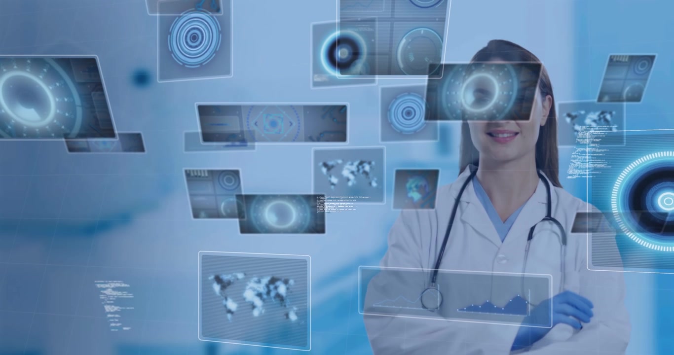 Animazione dell'elaborazione dati su una dottoressa caucasica sorridente