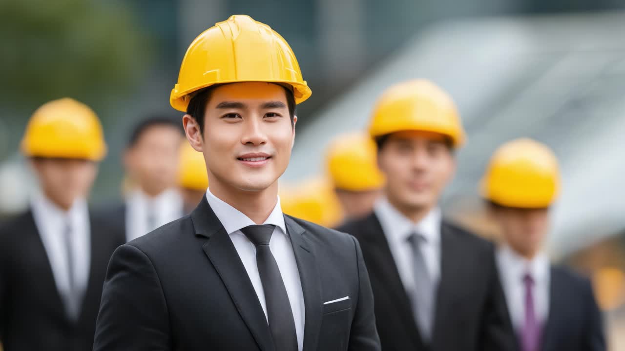 A Group of Professional Construction Workers in Hard Hats Stand Proudly Together, Showcasing Team Spirit and Commitment to Safety in Their Industry
