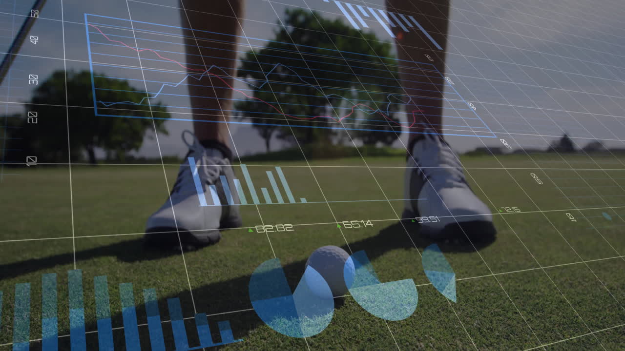 Male golfer positioning feet around golf ball on green, overlaying sports analytics charts