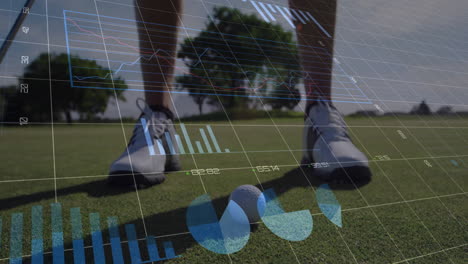 male golfer positioning feet around golf ball on green, overlaying sports analytics charts