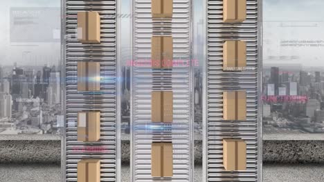 animación del procesamiento de estadísticas sobre cajas de cartón en cintas transportadoras