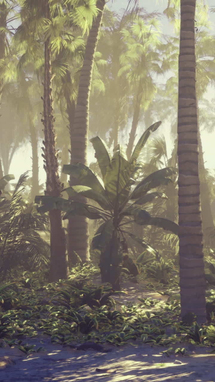 Lush tropical landscape with palm trees and vibrant greenery in sunlight