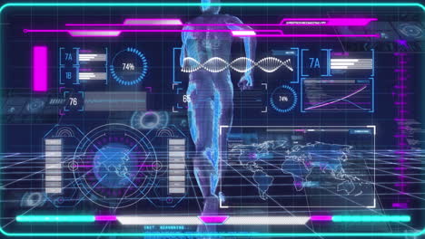 animación de cadena de adn y humano digital sobre procesamiento de datos en fondo negro.