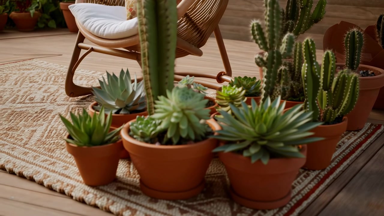 Diversi cactus e succulente verdi carnose disposti a diverse altezze in vasi di terracotta, con un cactus alto centrato davanti a sedute in vimini e rivestimenti per pavimenti testurizzati