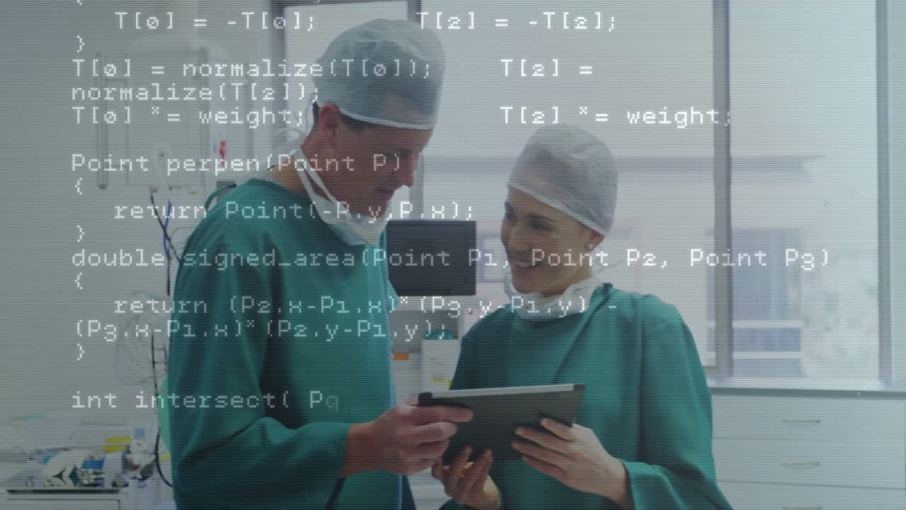 male doctor pointing at tablet with female doctor following in medical lab, showing code overlay