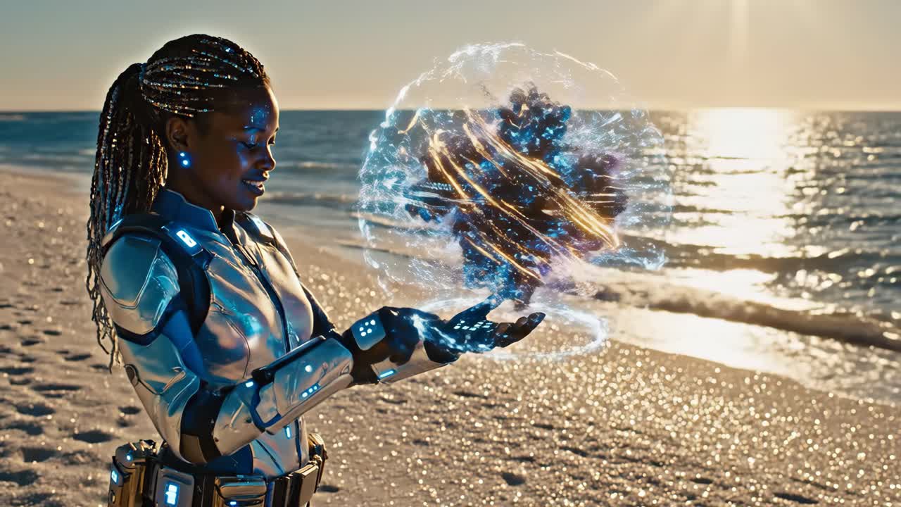 A Woman Manipulating a Digital Globe on a Beach