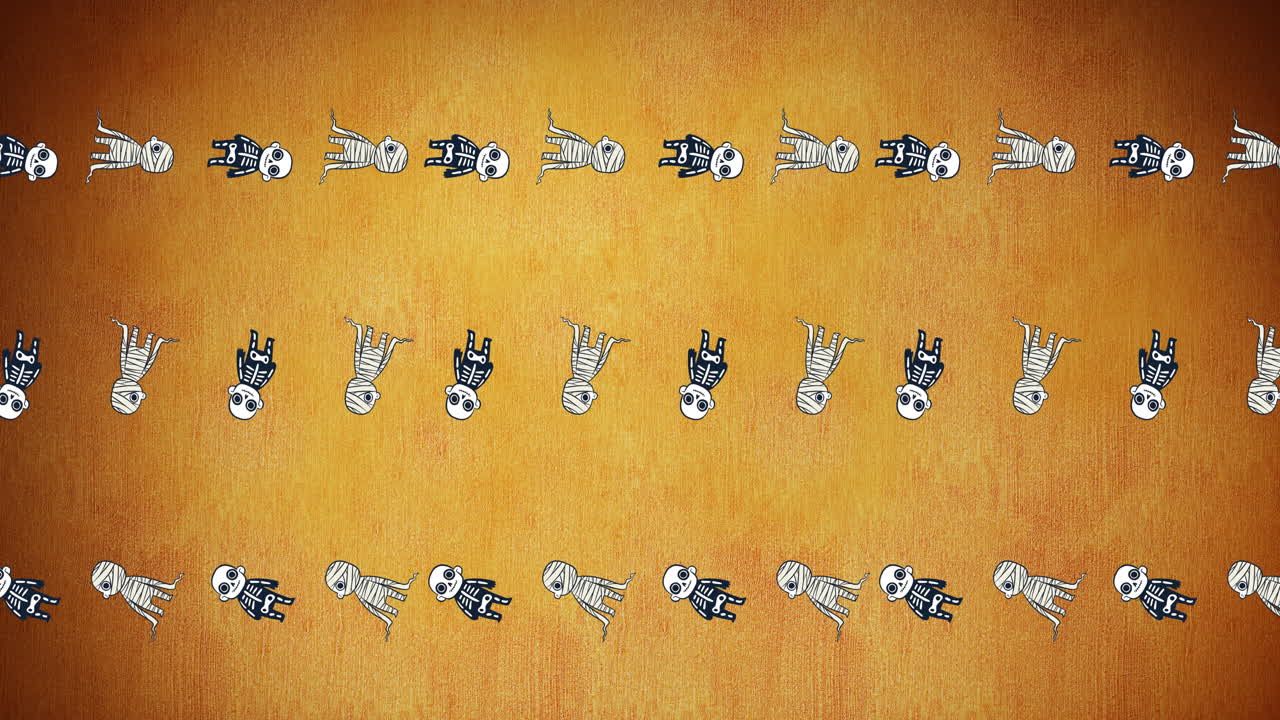 animación de una momia y esqueletos cayendo sobre un fondo naranja