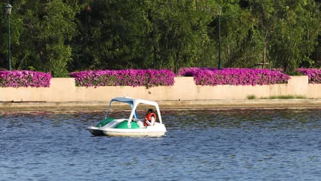 people enjoying a pedal boat ride on water