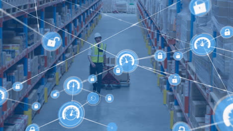 animation of network of connections with icons over man working in warehouse