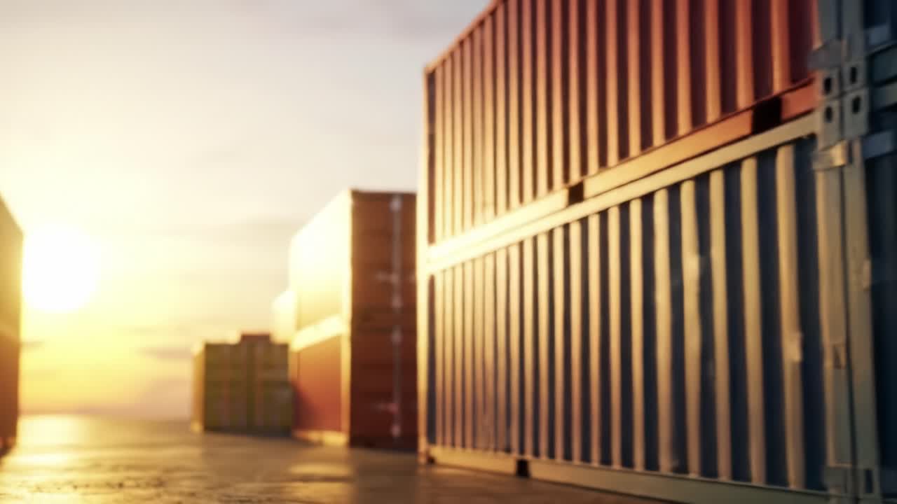A Beautiful Sunset Over Stacked Shipping Containers in a Busy Freight Yard, Showcasing the Industrial World of Logistics and Commerce at Dusk