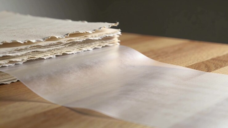 Stack of Handmade Paper with Translucent Vellum Sheet on Wooden Table