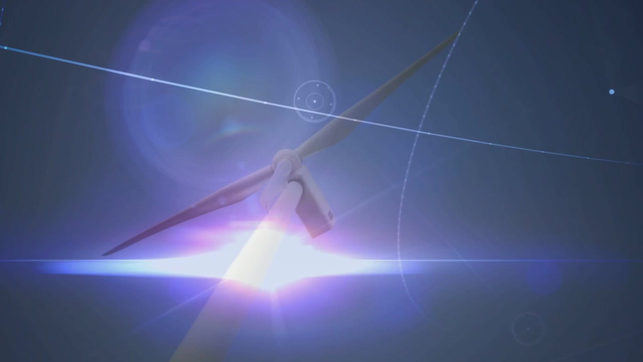 Wind turbine rising, wind starting, blades rotating, HUD rings and lens flare tracing energy output