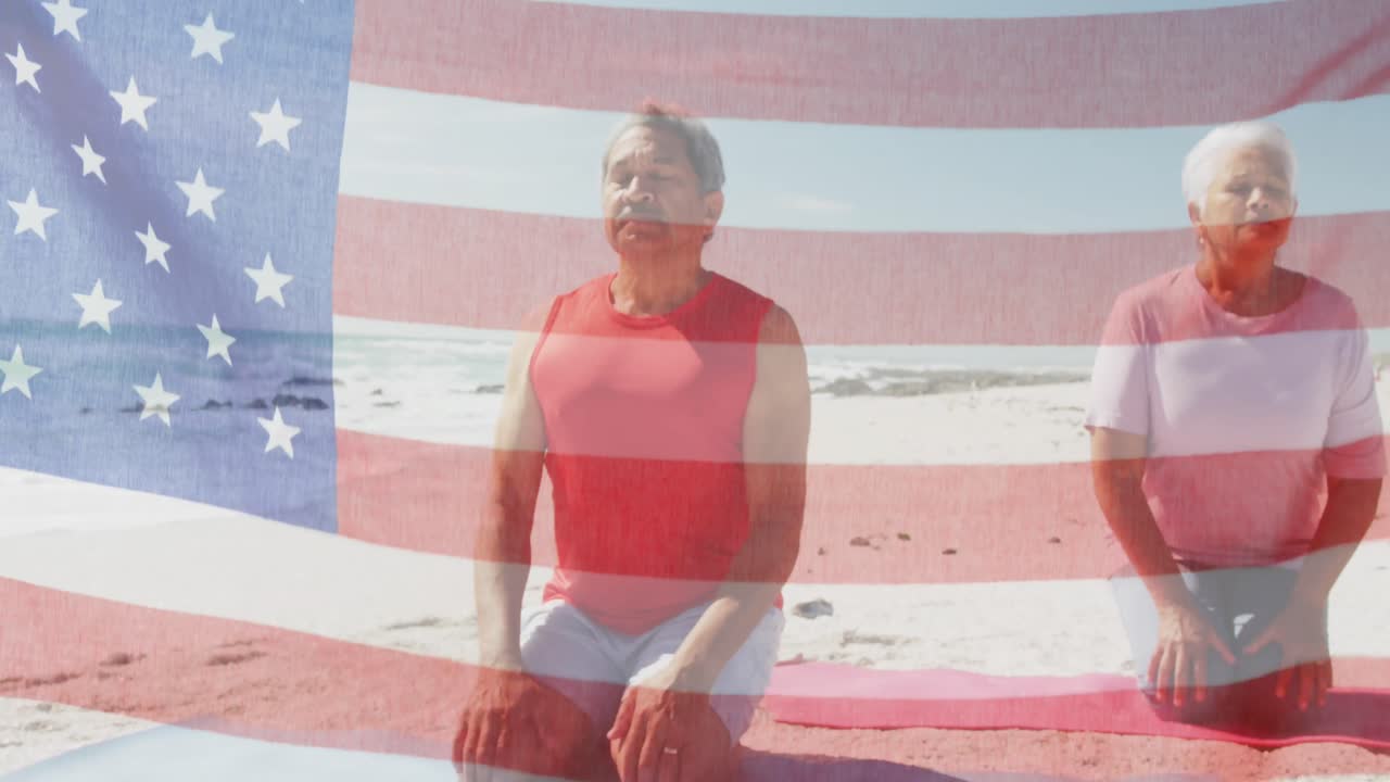 해변에서 명상하는 고위 양색 부부 위에 있는 미국 국기의 애니메이션.