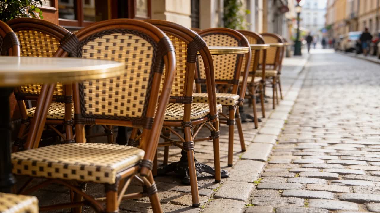 Telecamera panoramica che rivela una fila ripetuta di sedie da caffè in rattan intrecciato lungo una strada acciottolata, con spazio per il testo.