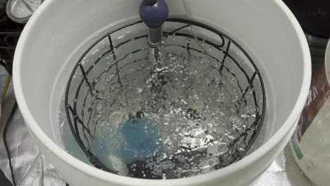 Putting-blue-chemical-powder-in-a-bucket-of-water-for-plant-food
