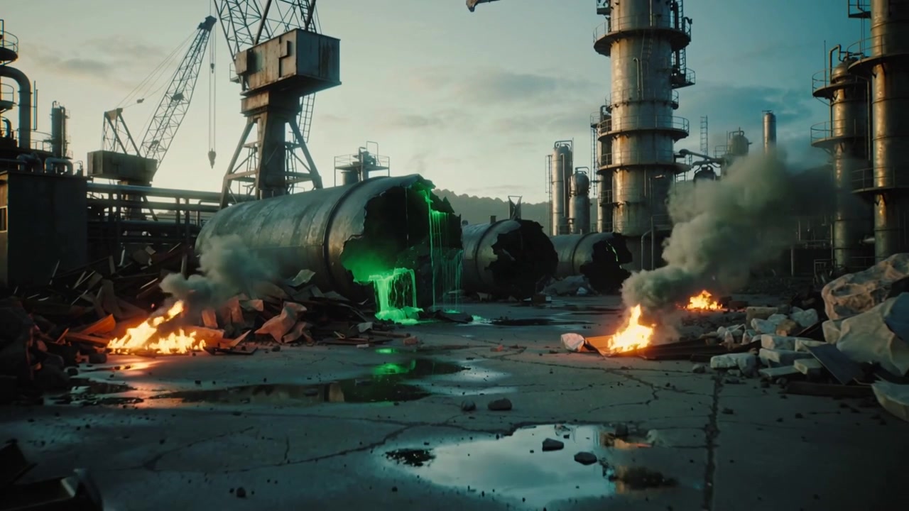 Rupturing storage tank leaking neon-green liquid across cracked pad, fires emitting drifting smoke