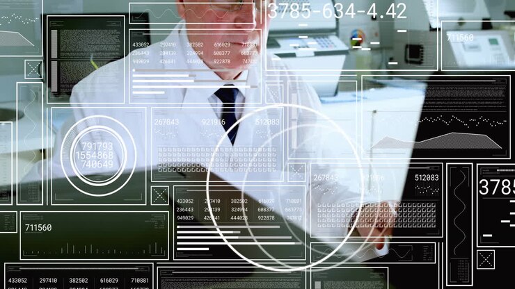 Animation of data processing over caucasian male scientist in lab