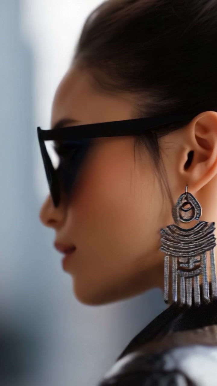 Una donna elegante che indossa occhiali da sole neri e orecchini scintillanti, catturata in un ritratto avvincente, che mostra eleganza e le moderne tendenze della moda