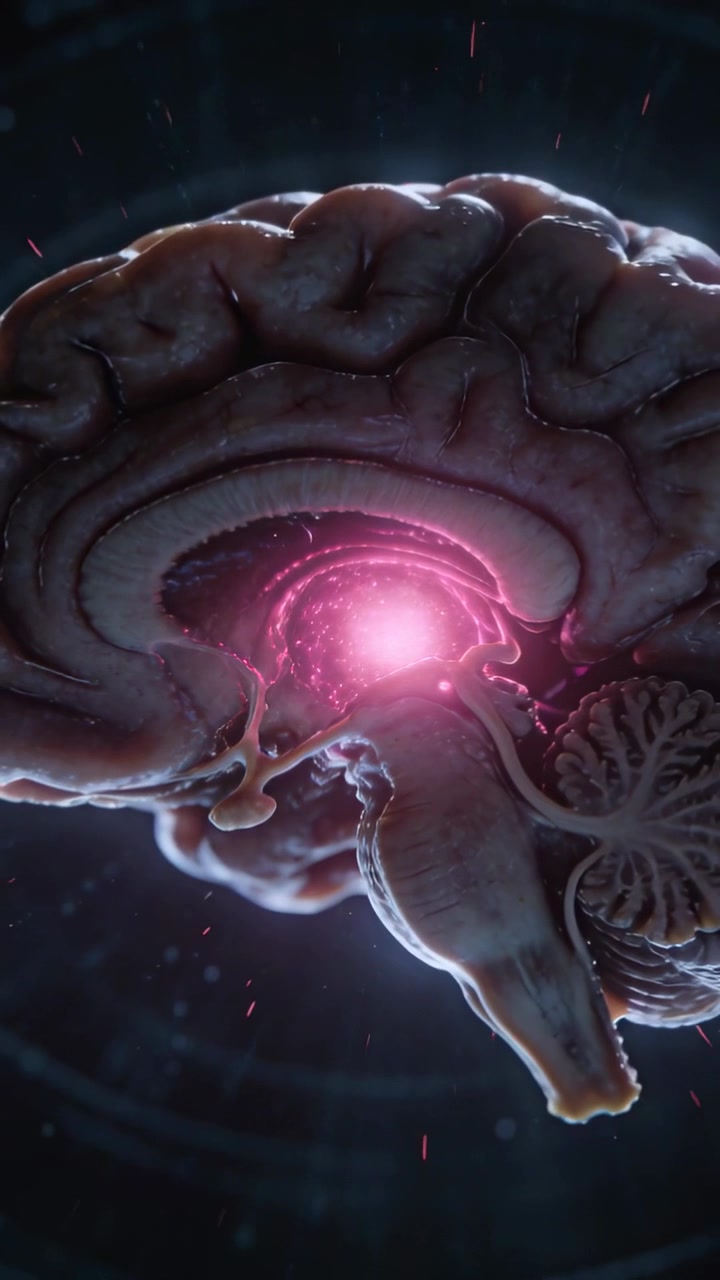 Vertical video: Rotating sagittal brain zooming in dark void, pink core brightening, drifting light